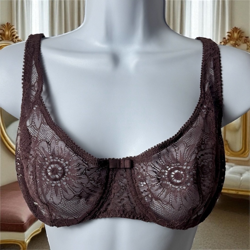 Simone Perele Brown Floral Lace Sheer Bra Dainty Feminine Cottagecore 38C